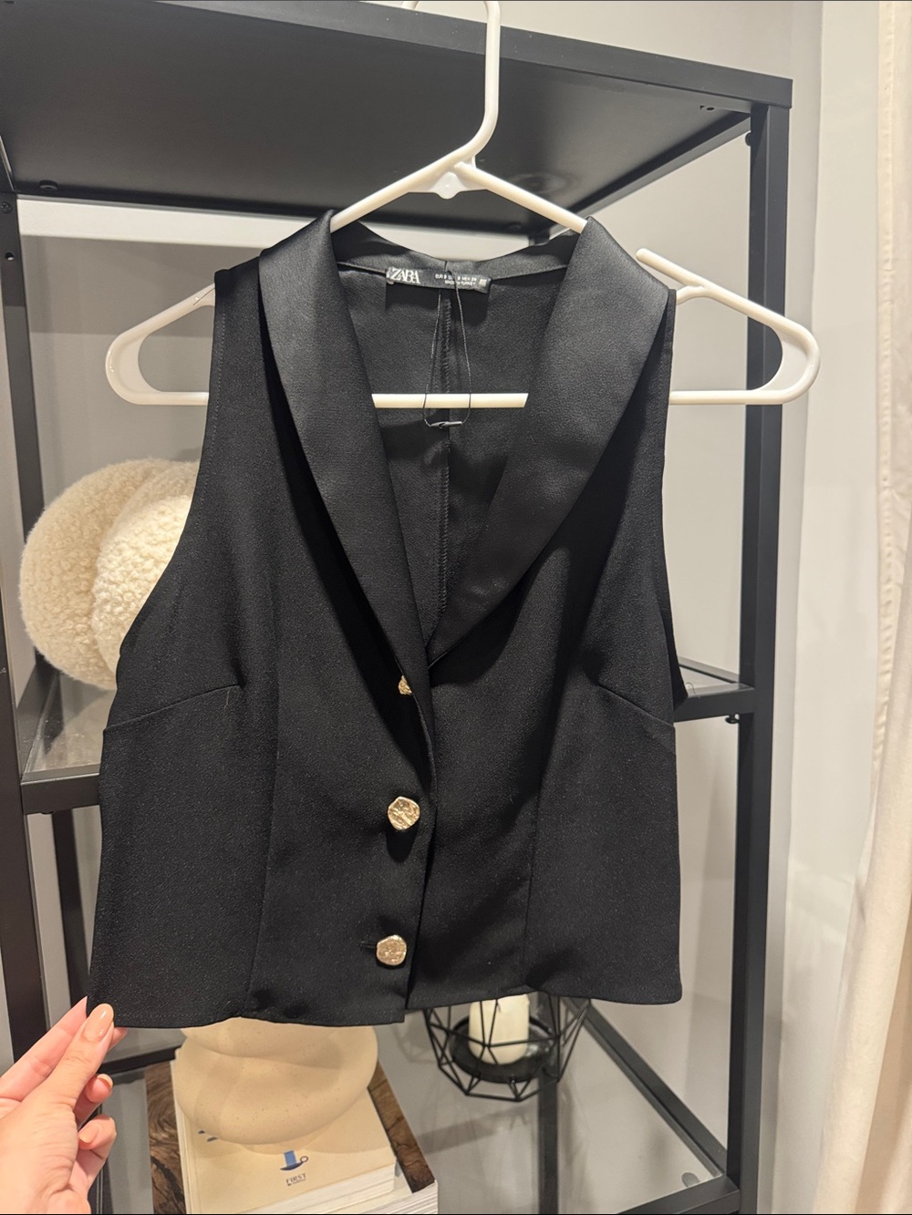 222.Zara Black Satin-Trim Sleeveless Blazer Vest with Gold Buttons
